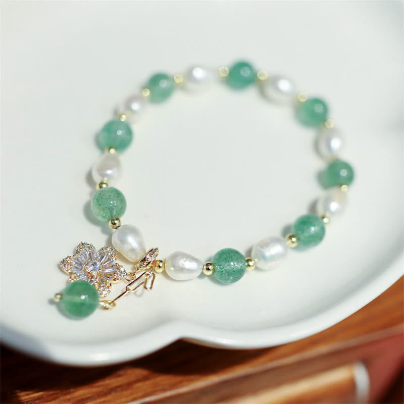 Natural Green Strawberry Quartz Pearl Flower Charm Love Bracelet