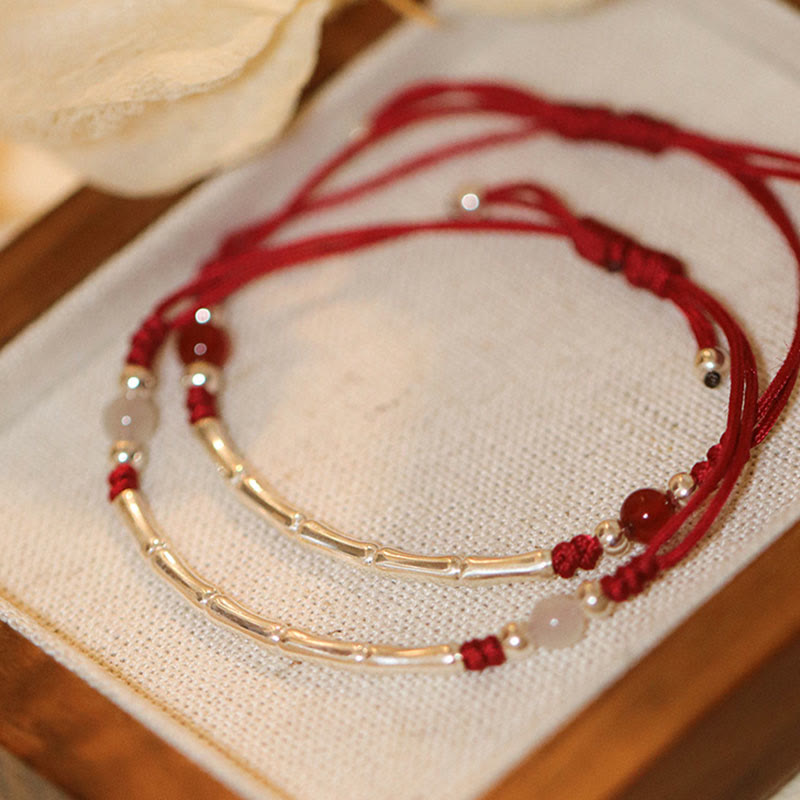 925 Sterling Silver Bamboo White Agate Red Agate Bead Protection String Braided Bracelet