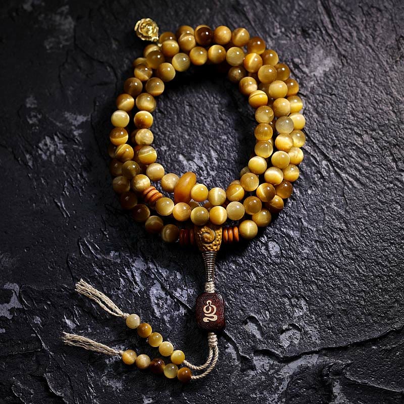 108 Mala Beads Natural Tiger Eye Copper Dorje Protection Tassel Bracelet