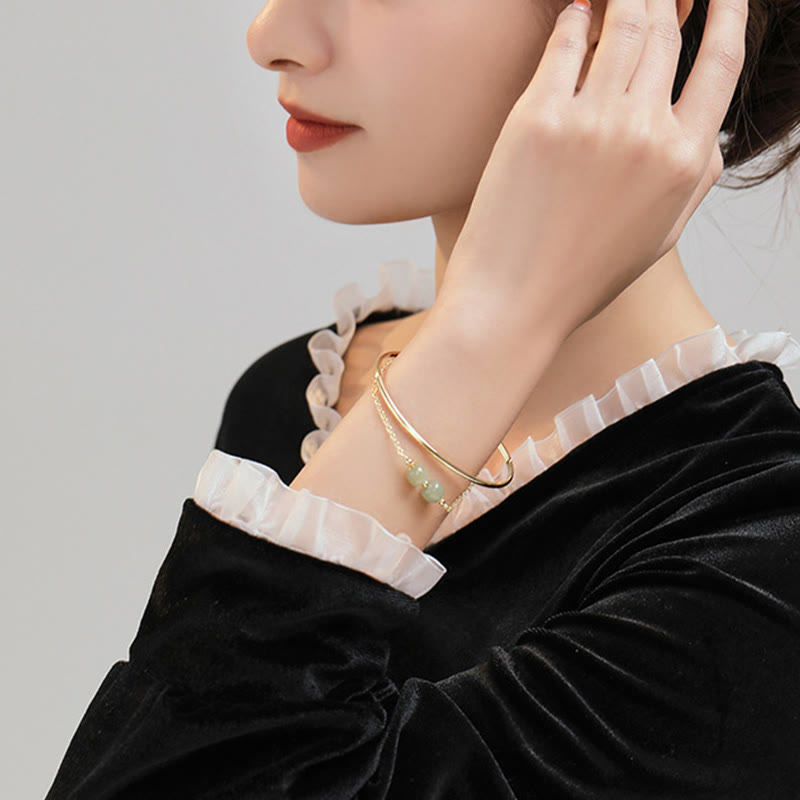 Copper Plated Gold Hetian Jade Bead Luck Double Layer Bracelet Bangle - Image 13