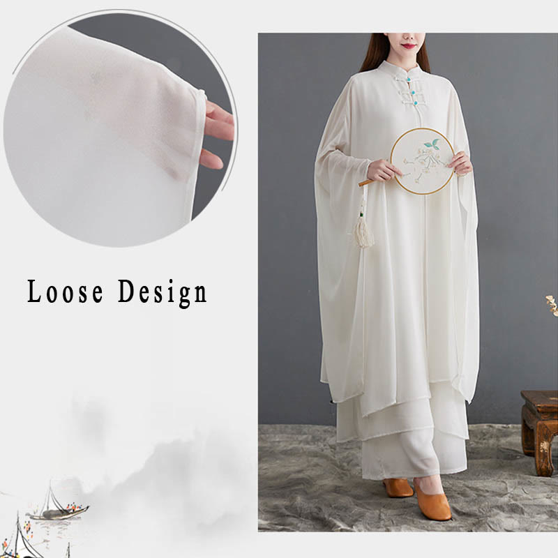 2Pcs Frog-Button Long Sleeve Midi Dress Wide Leg Pants Chiffon Zen Women's Set - Image 9