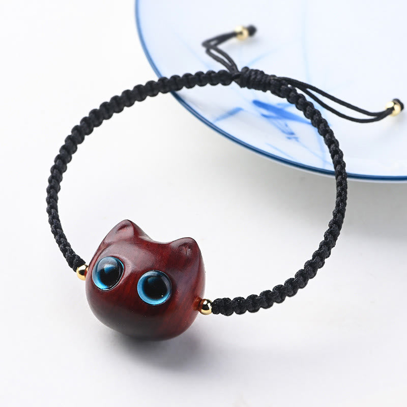 Small Leaf Red Sandalwood Ebony Wood Cute Cat Head Calm Protection Braided Bracelet