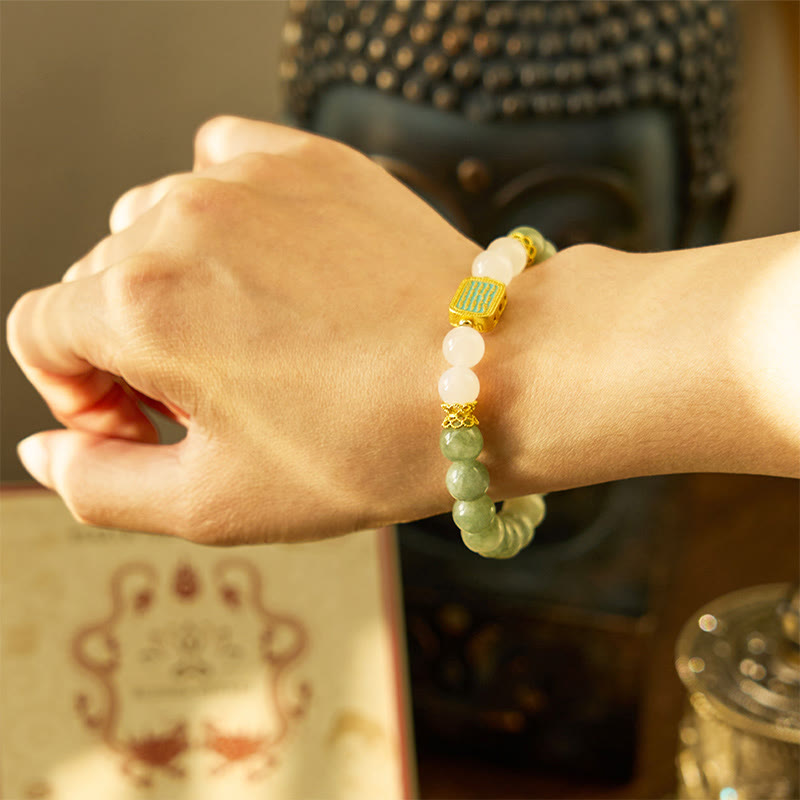 Natural Green Jade White Agate Five Scriptures Abundance Bracelet - Image 5