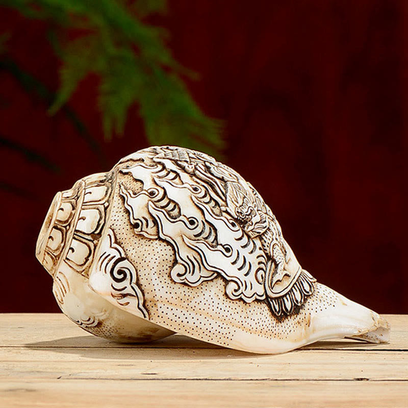 Tibetan Handmade Engraved Shankha Buddha Avalokitesvara Conch Shell Wealth Decoration - Image 5