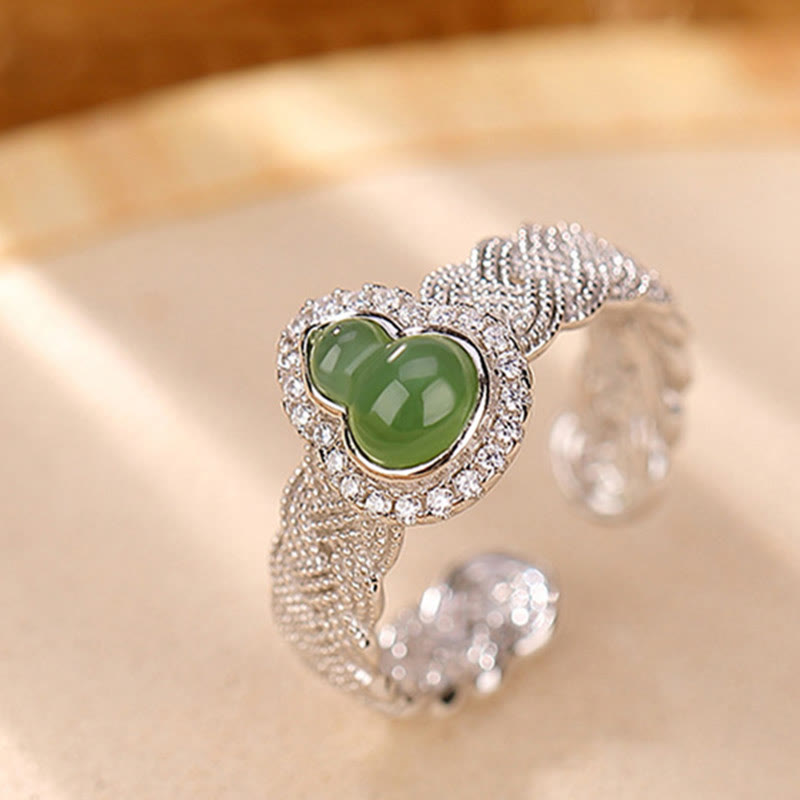 925 Sterling Silver Plated Gold Natural Hetian Cyan Jade Gourd Luck Bracelet Ring Set - Image 10