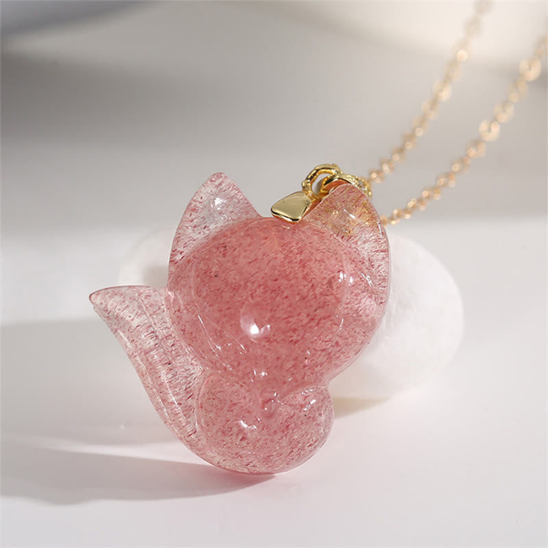 925 Sterling Silver Plated 14k Gold Strawberry Quartz Fox Healing Necklace Pendant - Image 3