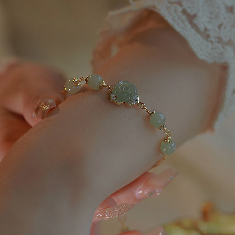 14K Gold Plated Hetian Jade Rose Flower Luck Chain Bracelet - Image 12