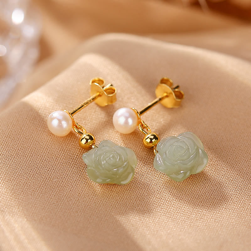 925 Sterling Silver Plated Gold Jade Rose Flower Cyan Jade Pearl Luck Earrings - Image 12