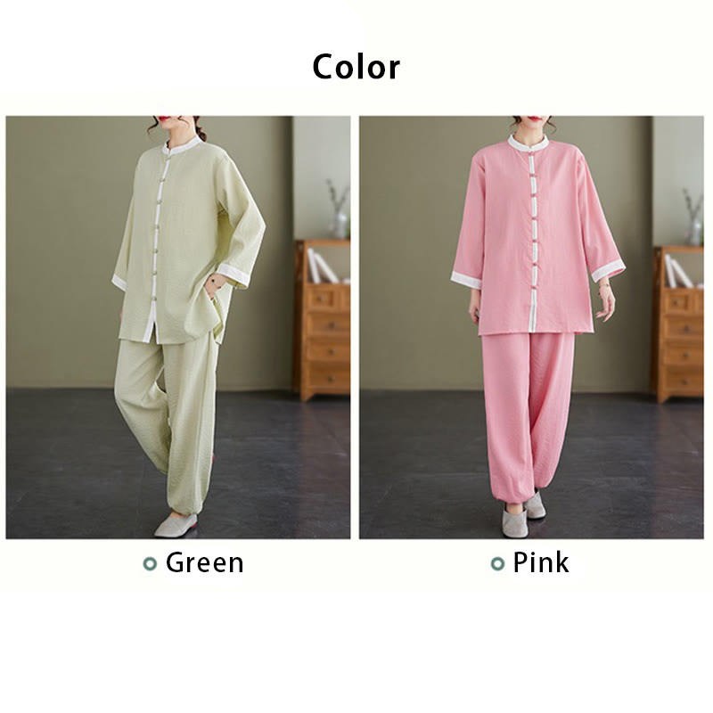2Pcs Vintage Long Sleeve Shirt Top Pants Meditation Zen Tai Chi Cotton Linen Clothing Women's Set - Image 19