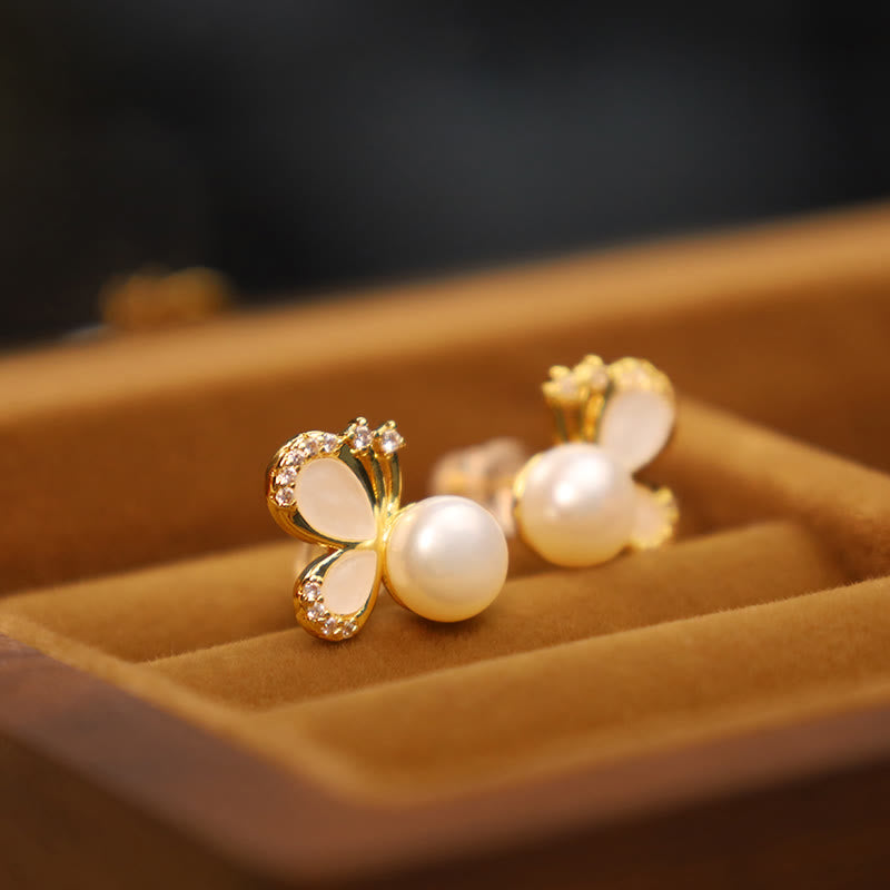 925 Sterling Silver Posts 18K Gold Plated Copper Natural Pearl Butterfly Zircon Healing Stud Earrings - Image 3