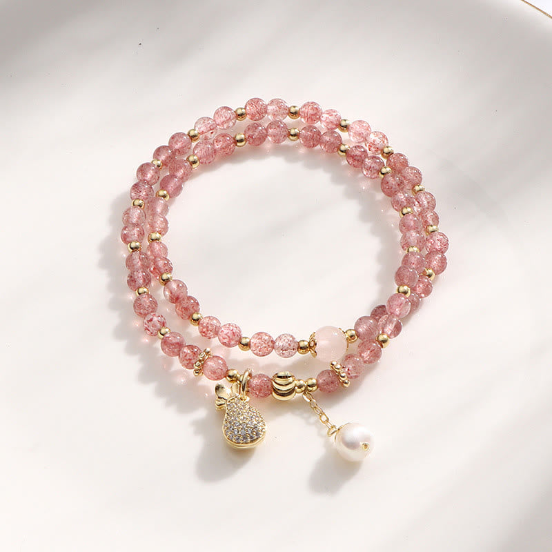 Strawberry Quartz Money Bag Positive Charm Double Wrap Bracelet