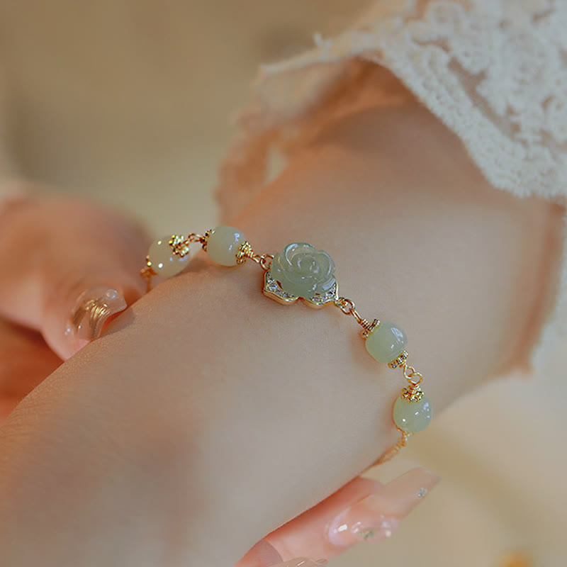 14K Gold Plated Hetian Jade Rose Flower Luck Chain Bracelet - Image 5