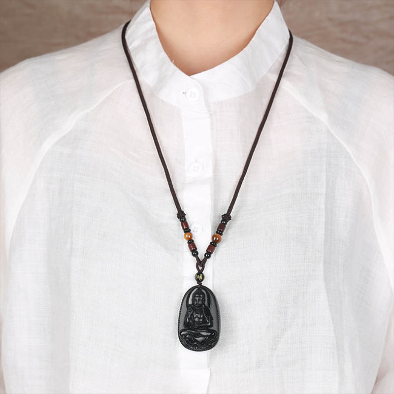 Chinese Zodiac Natal Buddha Natural Black Obsidian Purification Necklace Pendant - Image 11