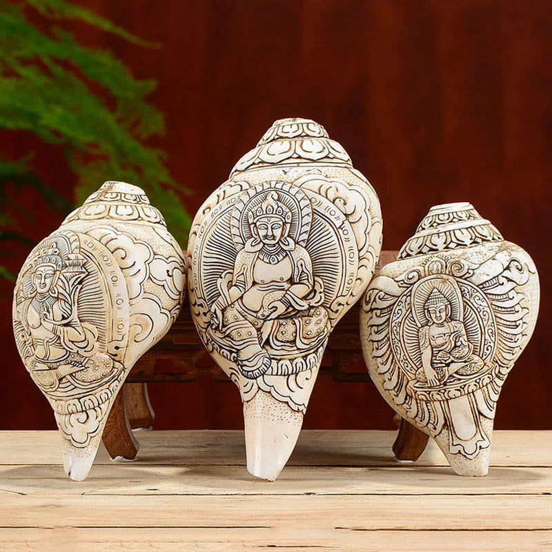 Tibetan Handmade Engraved Shankha Buddha Avalokitesvara Conch Shell Wealth Decoration - Image 3
