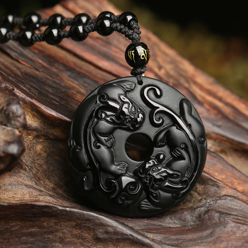 Natural Black Obsidian Peace Buckle Pixiu Bead Rope Strength Necklace Pendant
