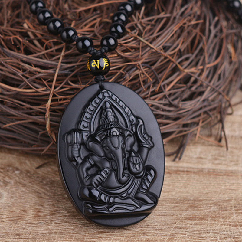 Tibetan Obsidian Ganesh Ganpati Elephant Wealth Amulet Necklace - Image 4