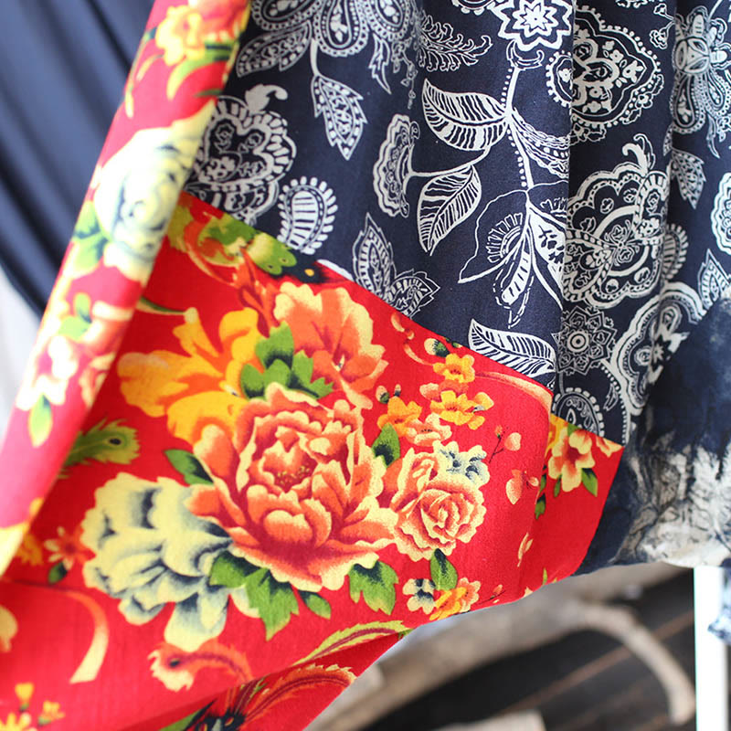 Blue Red Peony Flowers Patchwork Cotton Linen Harem Pants With Pockets - Image 12