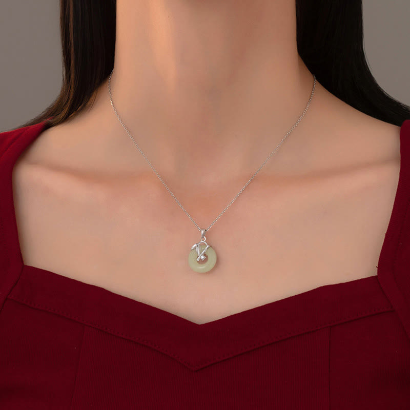 925 Sterling Silver Hetian Jade Bamboo Leaf Peace Buckle Prosperity Necklace Pendant - Image 5