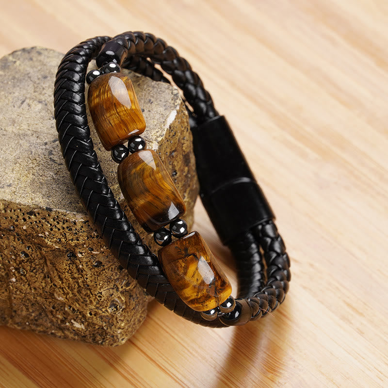 Natural Tiger Eye Protection Willpower Magnetic Buckle Leather Bracelet - Image 3