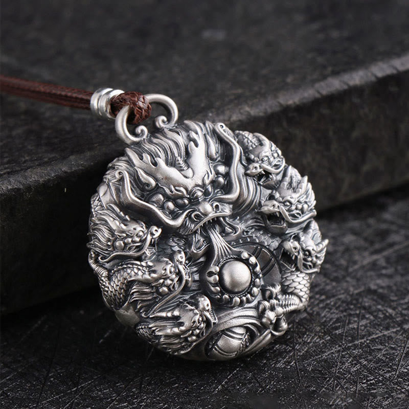 999 Sterling Silver Nine Dragons Playing With A Pearl Luck Protection Necklace Pendant