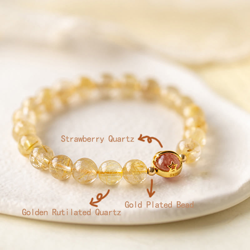 Golden Rutilated Quartz Strawberry Quartz Star Protection Bracelet