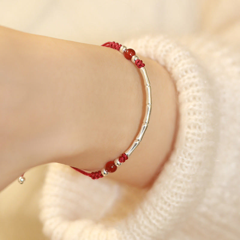 925 Sterling Silver Bamboo White Agate Red Agate Bead Protection String Braided Bracelet - Image 6