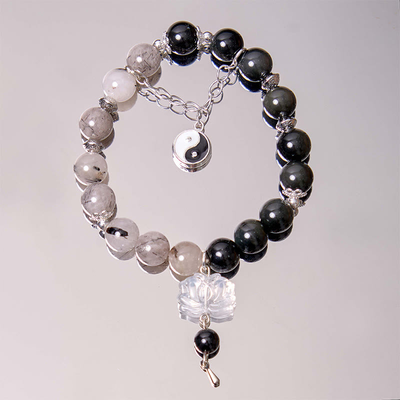 Silver Sheen Obsidian Crackle Clear Quartz Black Rutilated Quartz Yin Yang Lotus Protection Bracelet - Image 13