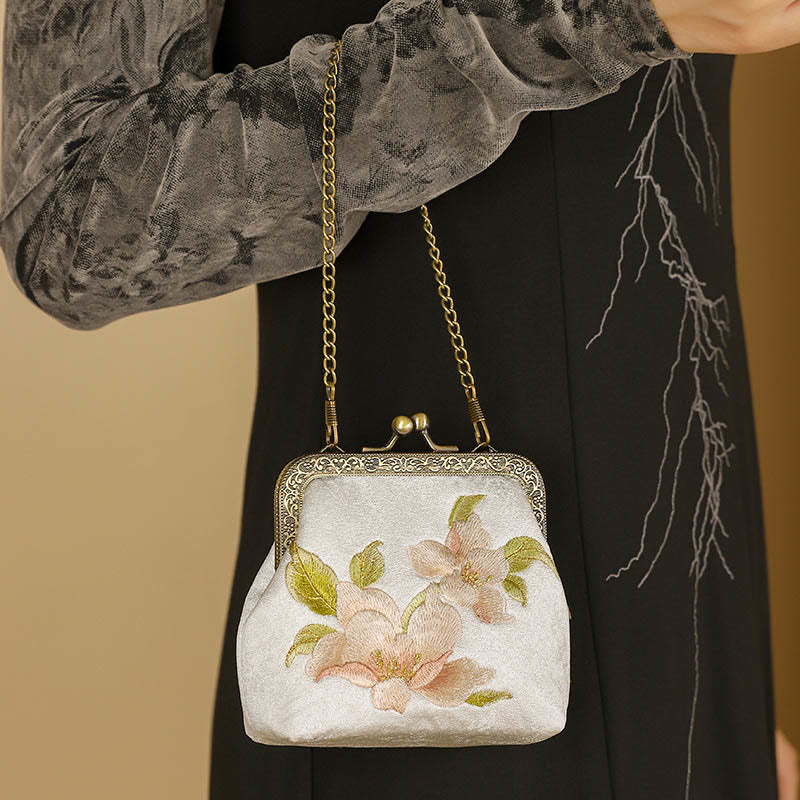 Orchids Oriental Cherry Butterfly Embroidery Metal Handle Handbag