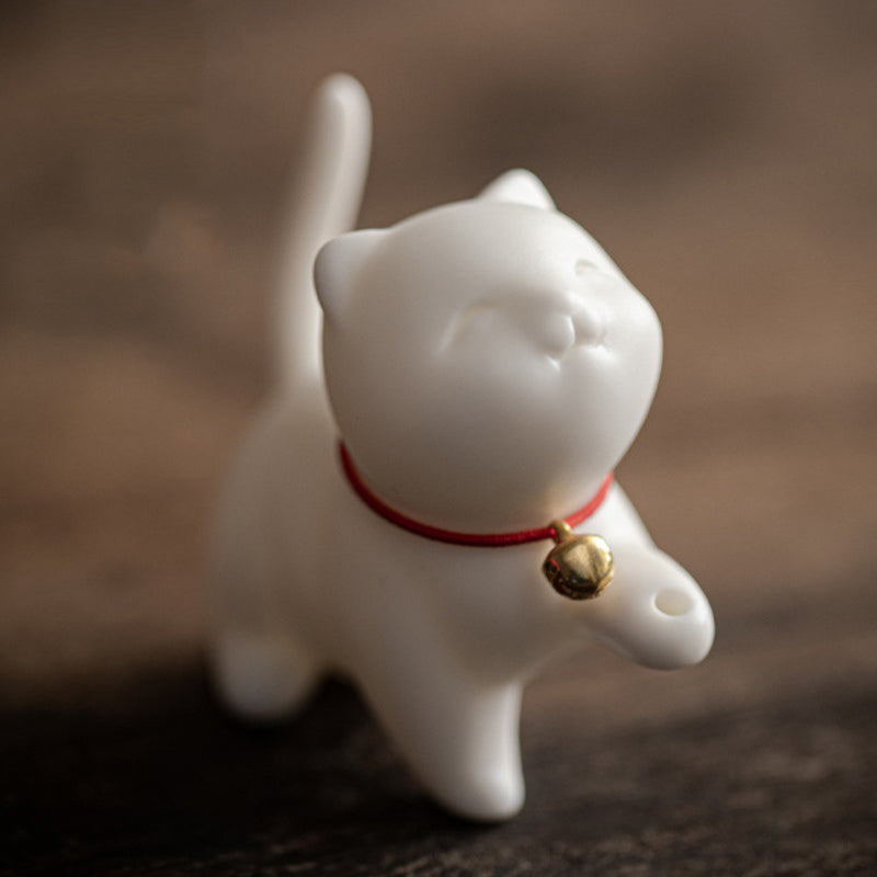 Mini Lucky Cat Kitten Tea Pet Ceramic Home Desk Figurine Decoration With Bamboo Mat - Image 7