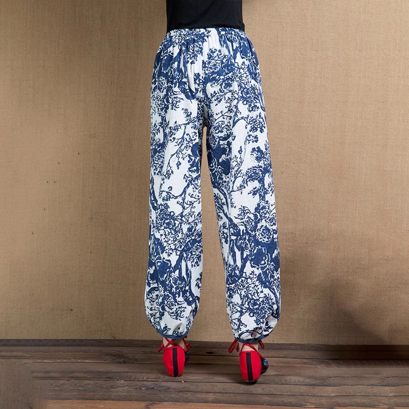 Blue Tree Flowers Print Harem Pants With Pockets - Image 3