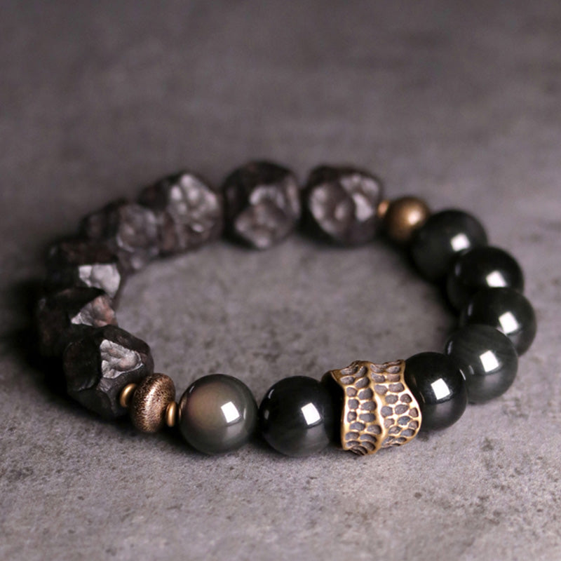 Black Obsidian Ebony Wood Copper Strength Couple Bracelet