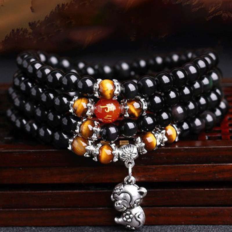 Chinese Zodiac 108 Beads Black Obsidian Tiger Eye Fortune Mala Bracelet - Image 9