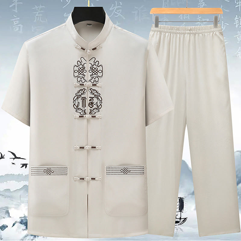 Fu Character Chinese Knotting Embroidery Tang Suit Traditional Short Sleeve Top Pants Clothing Men's Set