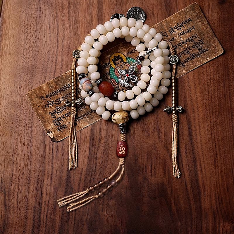 Tibet 108 Mala Beads Bodhi Seed Bagua Vajra Dzi Bead Gray Agate Wealth Bracelet - Image 16