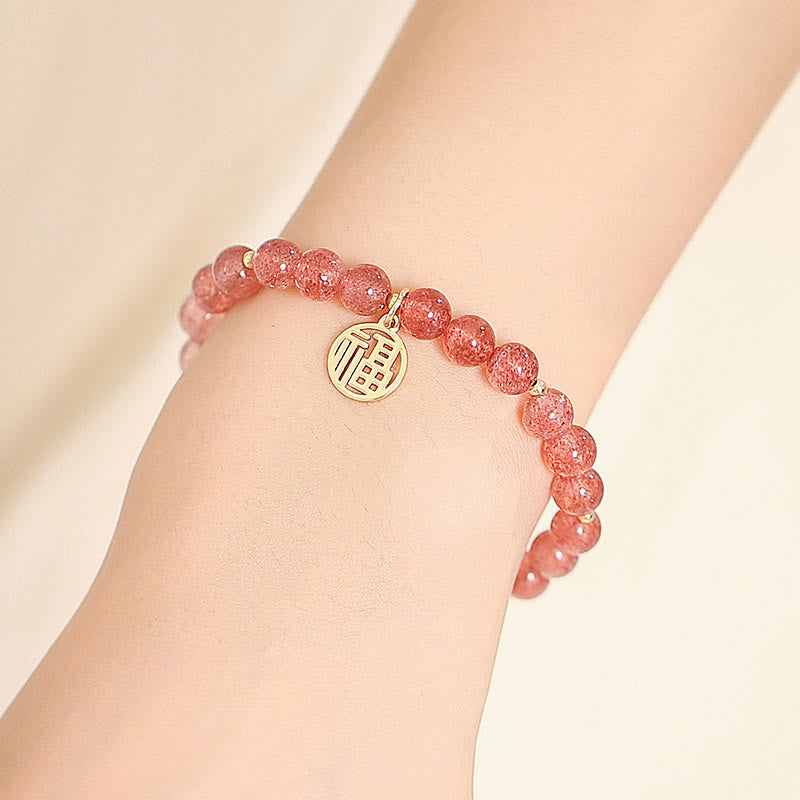 14K Gold Plated Strawberry Quartz Fu Character Healing Charm Bracelet - Image 3