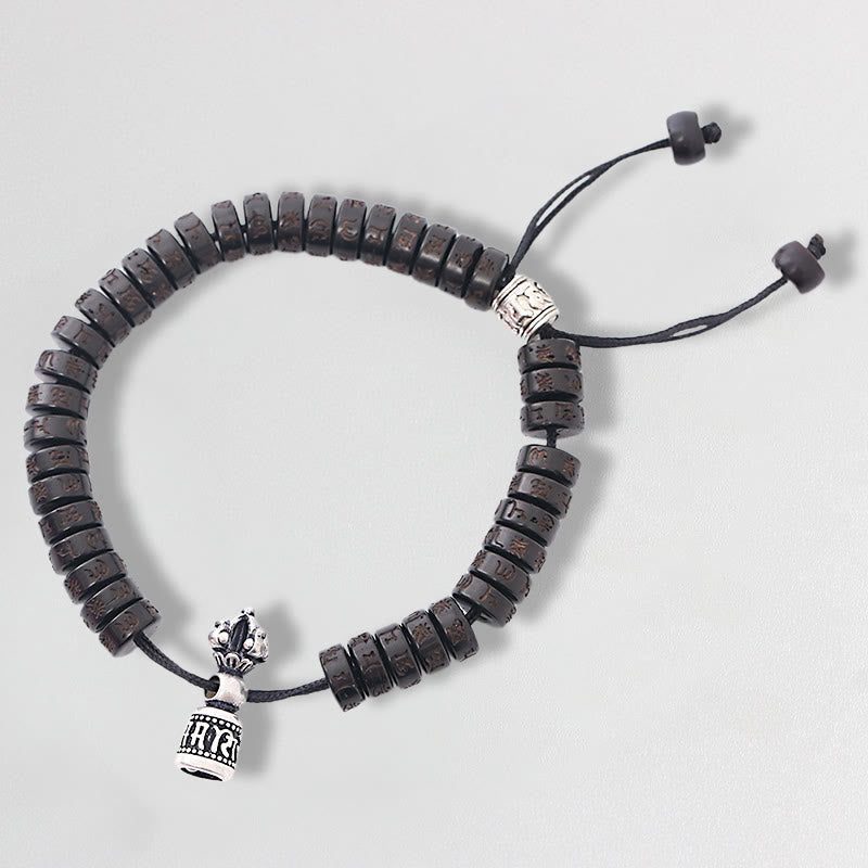 Tibet Coconut Shell Carved Om Mani Padme Hum Dorje Vajra Bell Happiness String Bracelet