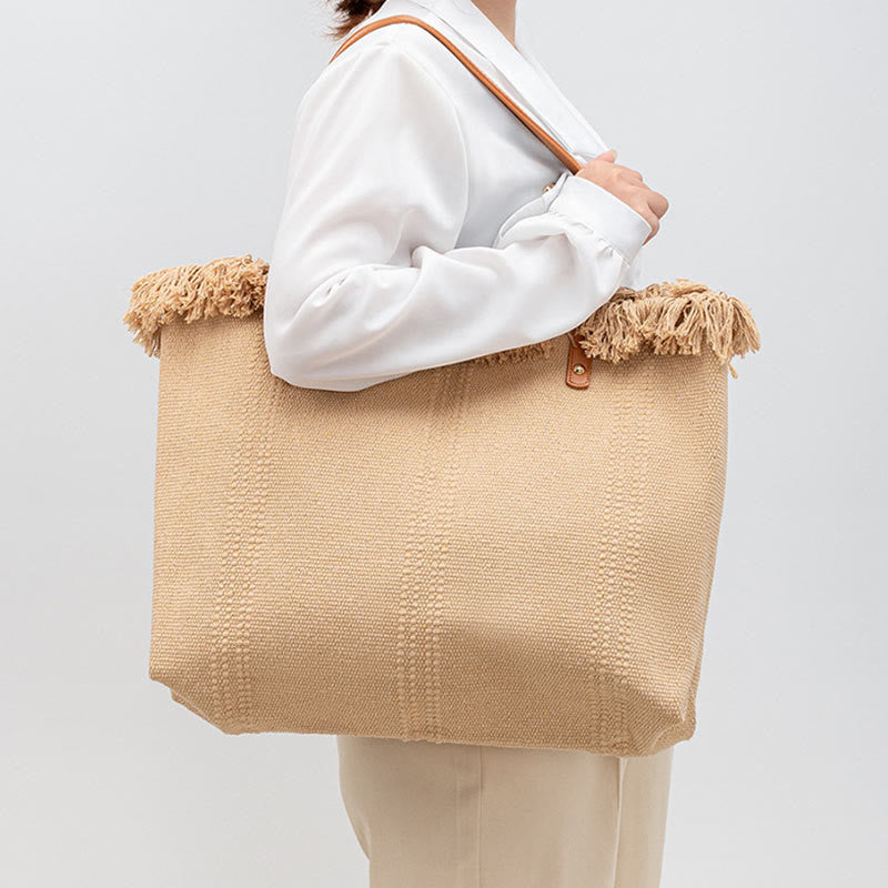 Large Capacity Solid Color Tassel Canvas Tote Shoulder Bag - Image 6