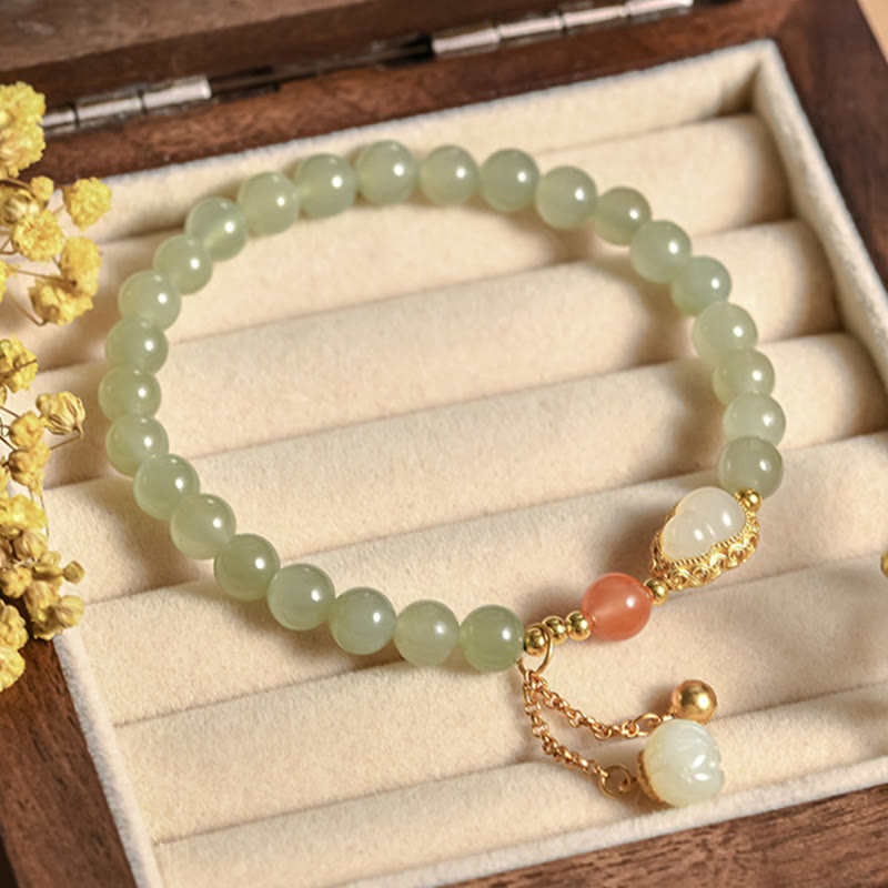 925 Sterling Silver Hetian Jade Gourd Lotus Abundance Luck Bracelet - Image 11