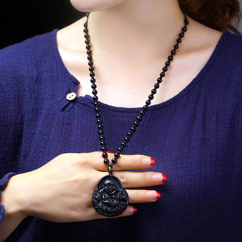 Laughing Buddha Black Obsidian Strength Protection Pendant Necklace - Image 3
