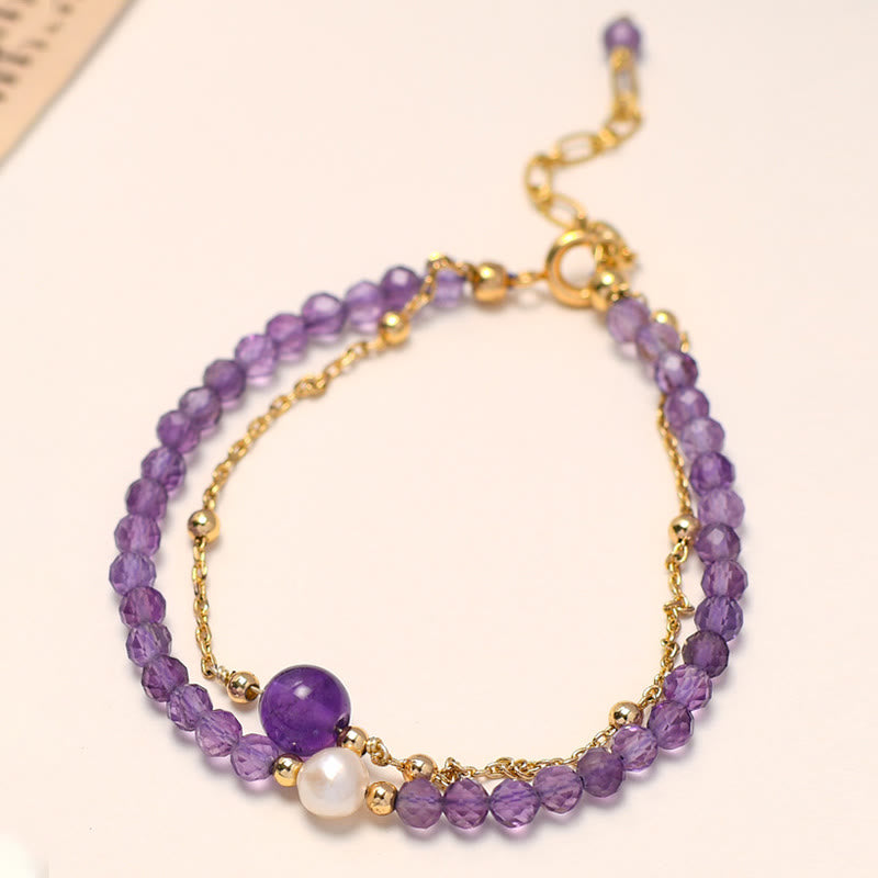 14K Gold Plated Amethyst Crystal Healing Double Layer Chain Bracelet - Image 6