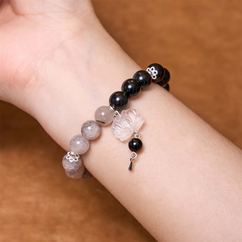 Silver Sheen Obsidian Crackle Clear Quartz Black Rutilated Quartz Yin Yang Lotus Protection Bracelet - Image 18
