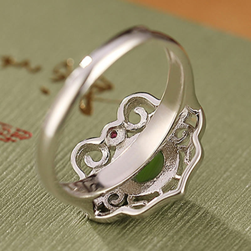 925 Sterling Silver Natural Hetian Cyan Jade Hollow Design Luck Ring Earrings Set - Image 5