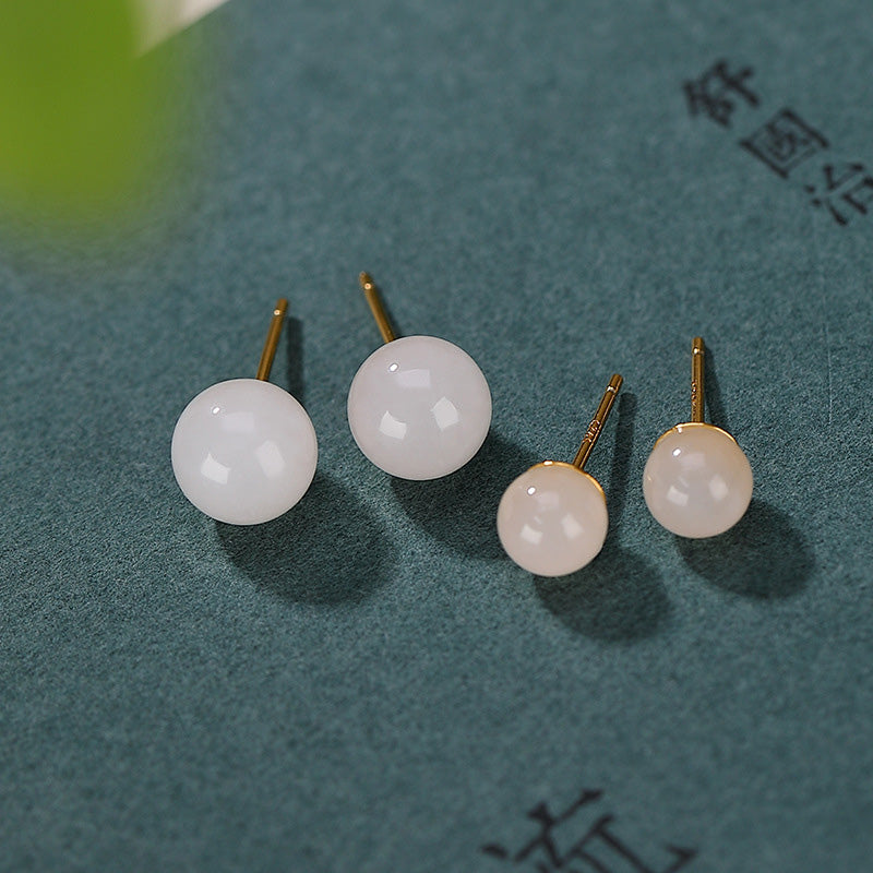 925 Sterling Silver Round White Jade Blessing Stud Earrings