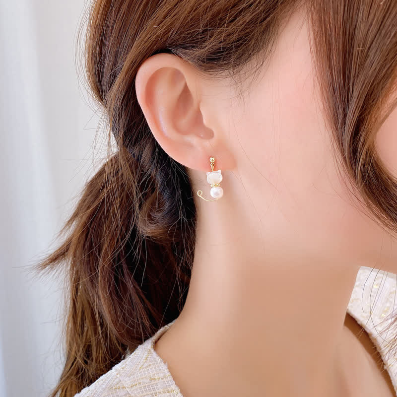 Cute Cat Paw Pearl Wisdom Stud Drop Earrings - Image 3