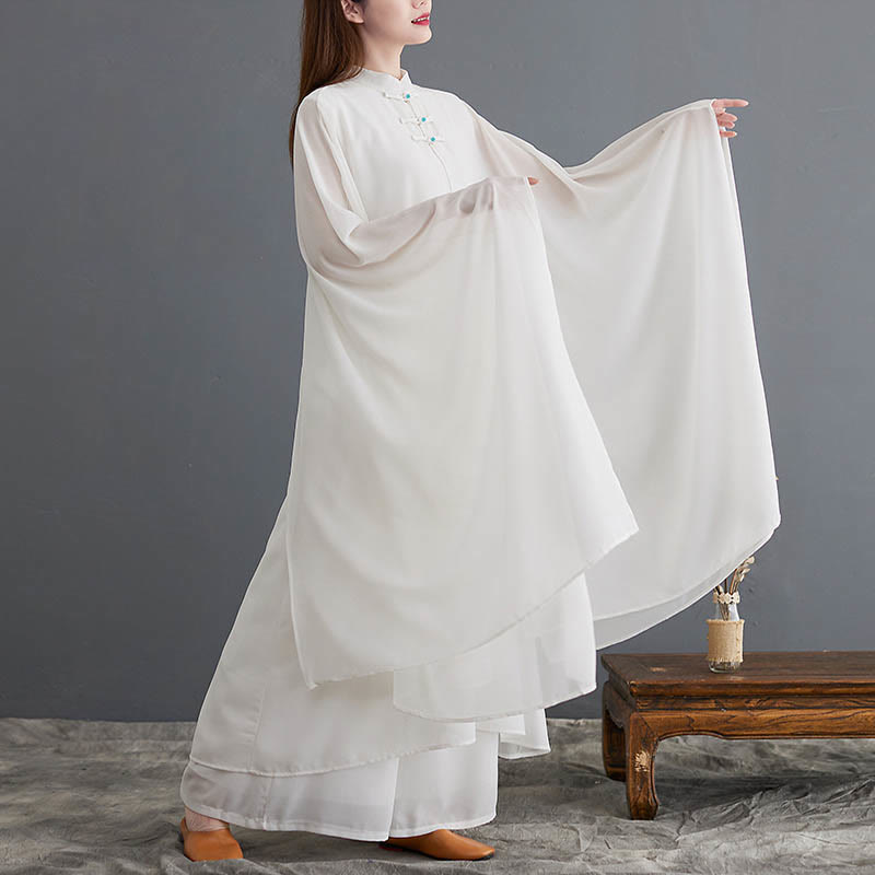 2Pcs Frog-Button Long Sleeve Midi Dress Wide Leg Pants Chiffon Zen Women's Set - Image 4