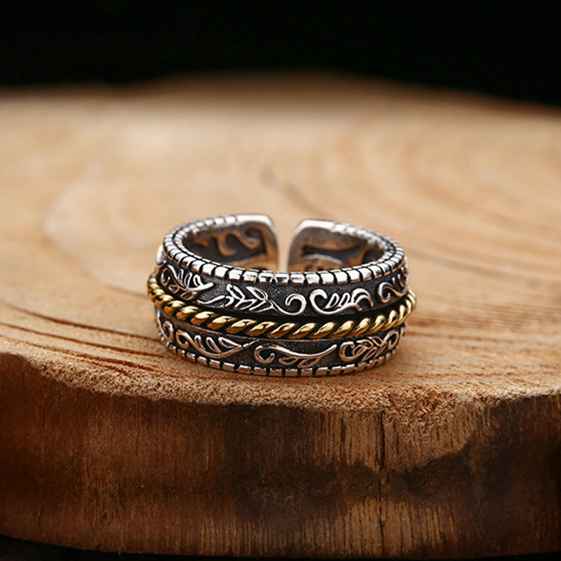 925 Sterling Silver Tang Dynasty Flower Design Luck Adjustable Ring - Image 4