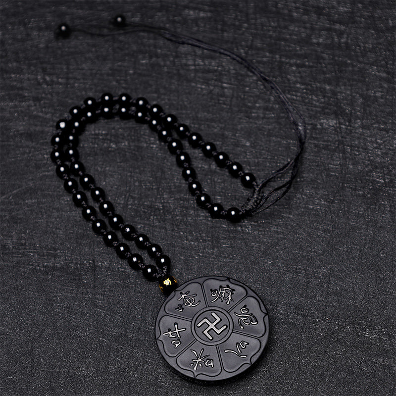 Natural Black Obsidian Tibetan Om Mani Padme Hum Buddha Swastika Luck Necklace Pendant - Image 7