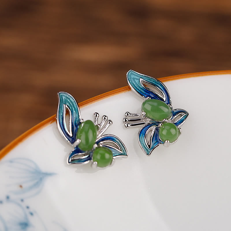 925 Sterling Silver Plated Gold Natural Cyan Jade Butterfly Luck Healing Earrings - Image 10