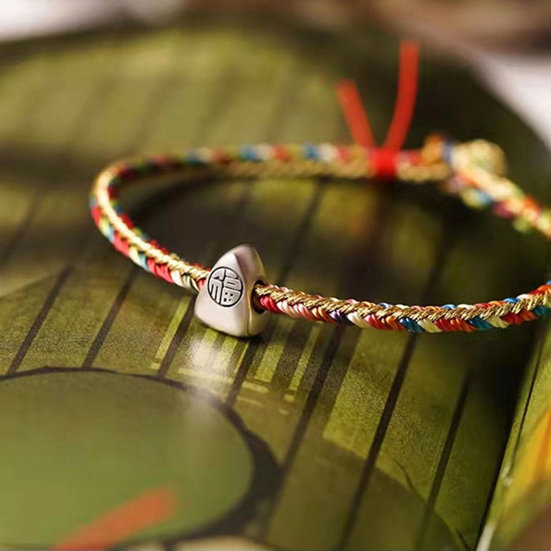 925 Sterling Silver Fu Character Zongzi Pattern Multicolored String Luck Handmade Braided Bracelet - Image 3