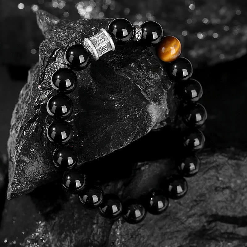 999 Sterling Silver Black Obsidian Tiger Eye Om Mani Padme Hum Fulfillment Bracelet - Image 4